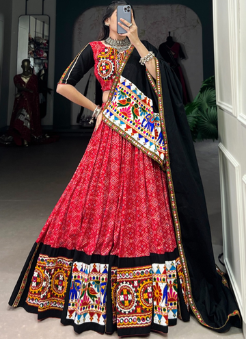 Patola Printed Gamthi Work Navratri Special Cotton Red Ghagra Choli